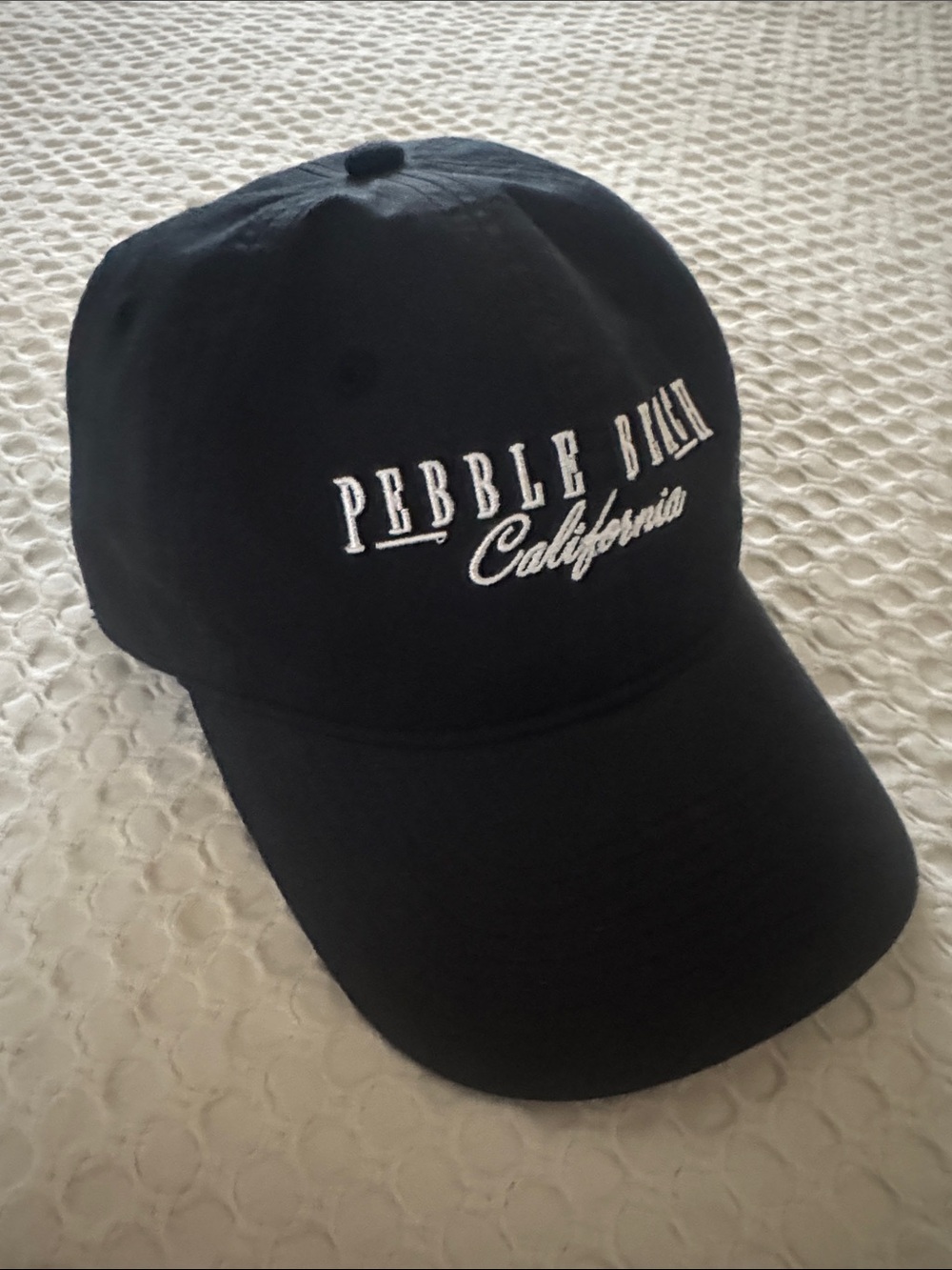 Pebble Beach Black Cap with White Script Logo